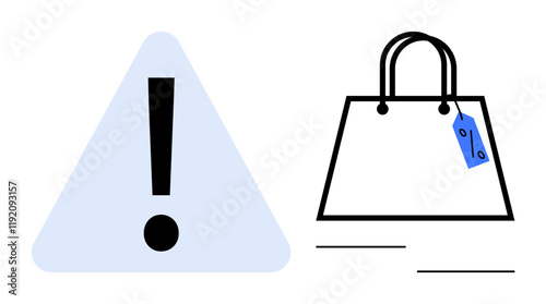 Exclamation mark inside a light blue triangle next to a shopping bag with a blue price tag. Ideal for safety in shopping, retail warnings, consumer awareness, caution in purchases, online shopping photo