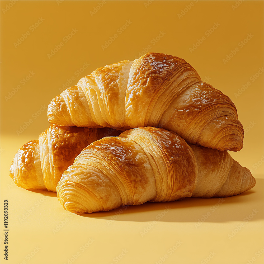 three golden brown croissants stacked on top of each other. on a yellow background. three golden brown croissants stacked on top of each other. on a yellow background.