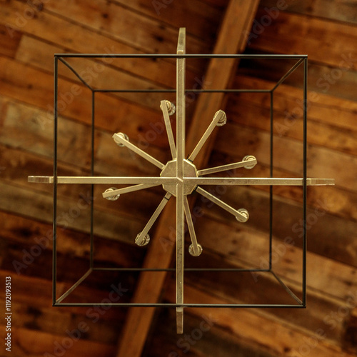 Metal chandelier hanging from wooden plank ceiling