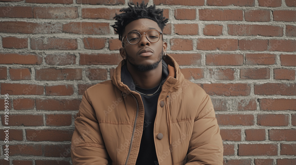 Obraz premium Contemplative Gaze: A young man with a thoughtful expression gazes directly at the camera, framed against a backdrop of weathered brick. His attire, a brown puffer jacket.