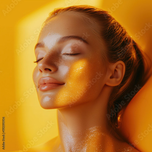 Glowing dewy skin on Asian models surrounded by floating turmeric extract in a clean orange minimalist design photo