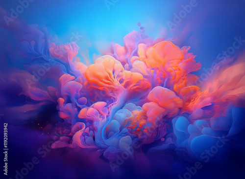 Ethereal, vibrant coral and blue abstract forms swirl against a deep blue background.  The colors blend and intertwine, creating a mesmerizing visual effect. photo