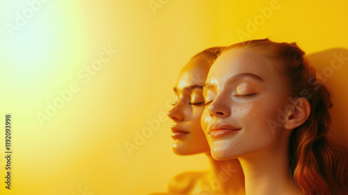 Glowing skin on Asian women with turmeric extracts floating in the air, soft and clean minimalist background photo