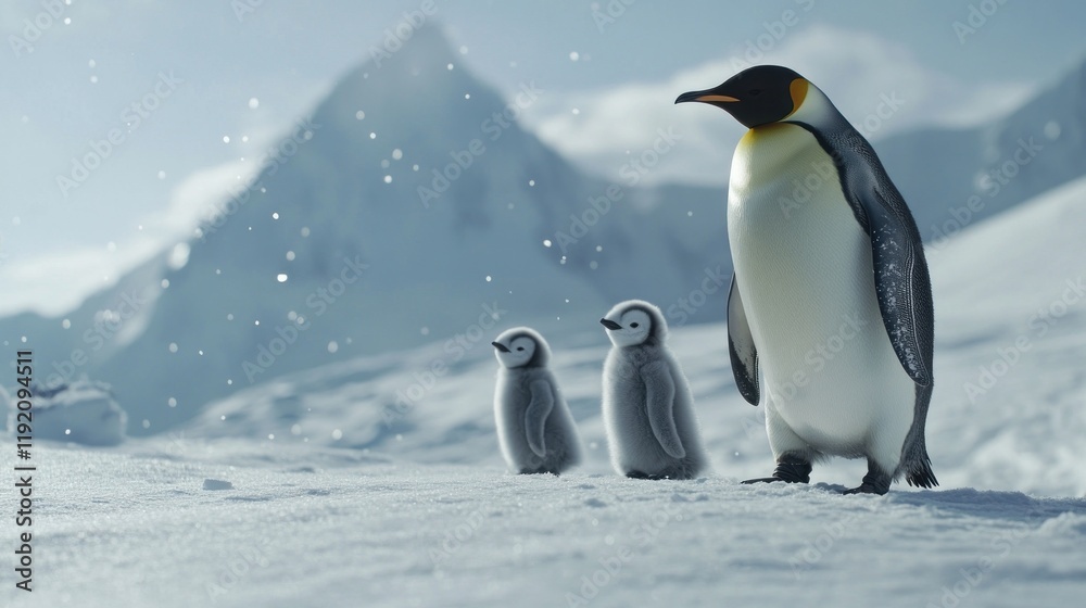 Fototapeta premium Emperor penguin and two chicks stand in a snowy landscape with mountains