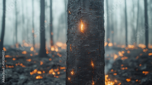Forest Fire Aftermath: A charred tree trunk stands as a stark reminder of the devastation wrought by a recent wildfire, the glowing embers of the inferno still smoldering in the background.