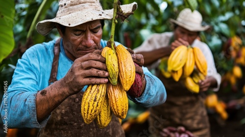 Farmer harvesting ripe cacao pods; their hands are stained with earth. Illustrates sustainable farming and chocolate production.