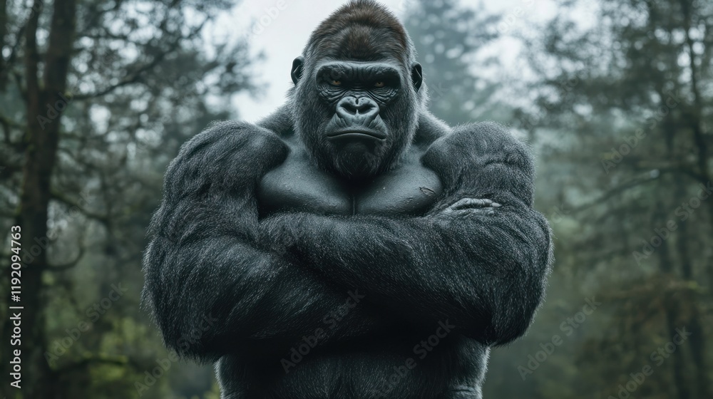 A powerful gorilla with dark fur and muscular arms stands in a forest with trees in background A powerful gorilla with dark fur and muscular arms stands in a forest with trees in background