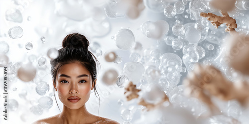 Fresh-Faced Asian Model with Glowing Skin, Ginger Extracts, and Clean Soft Backdrop photo