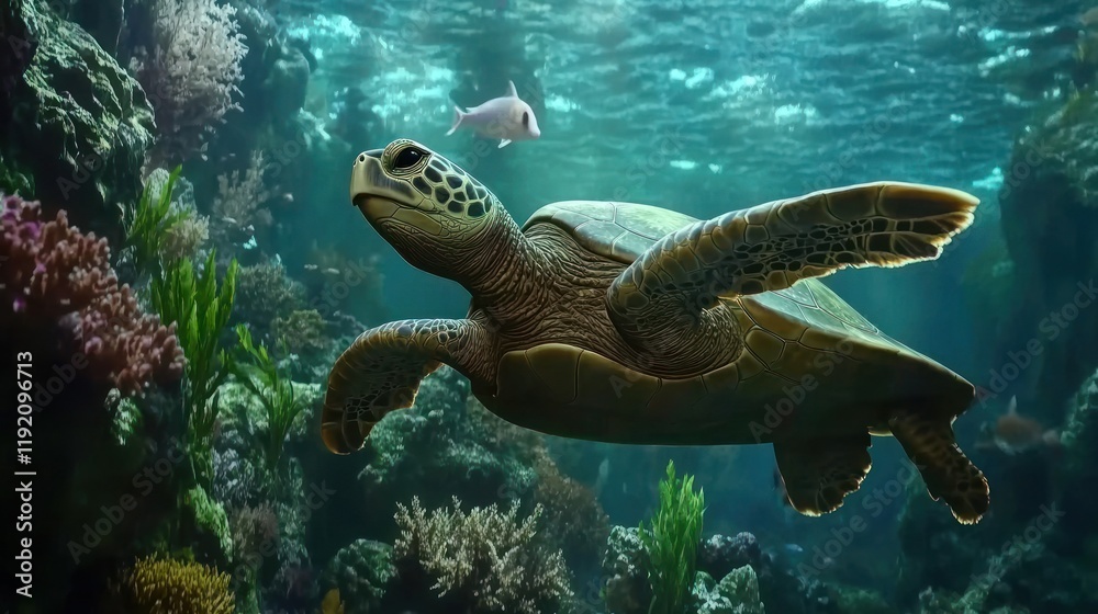 Obraz premium A serene ocean scene of a green sea turtle swimming gracefully in its habitat