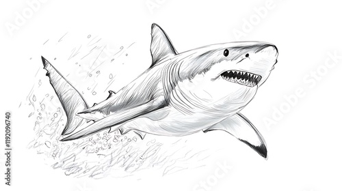 Monochrome illustration of a great white shark swimming in water, depicted with detailed textures and splashing.