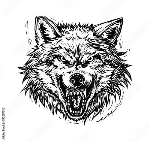 angry wolf head engraving black and white outline photo