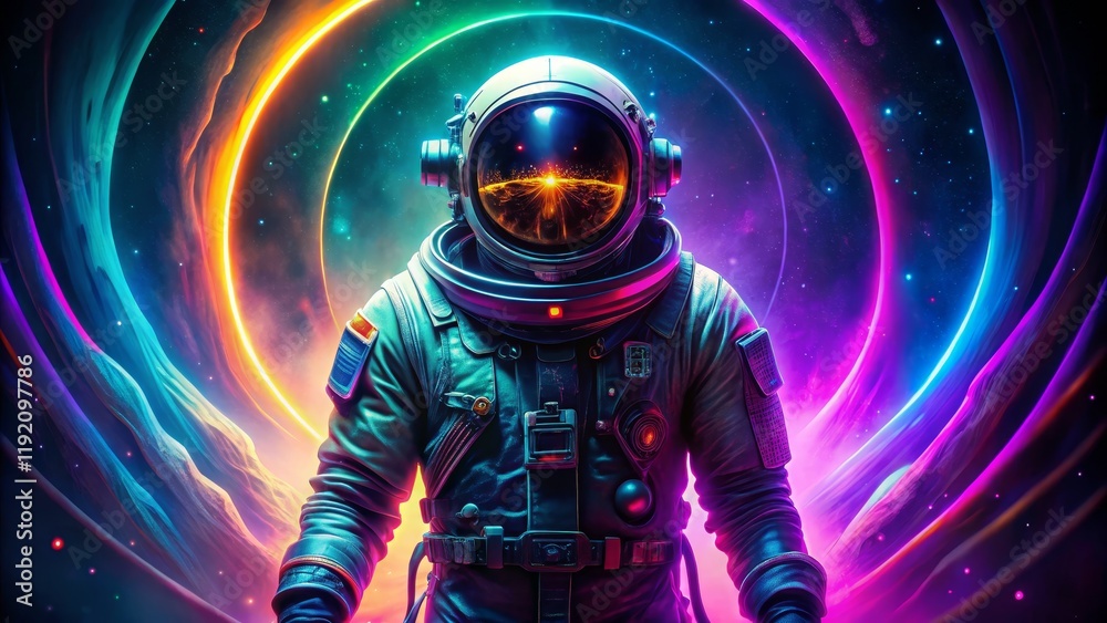 Astronaut in Neon Cosmos Digital Painting of a Spaceman Reflecting a Cityscape within a Vibrant, Swirling Nebula Astronaut in Neon Cosmos Digital Painting of a Spaceman Reflecting a Cityscape within a Vibrant, Swirling Nebula
