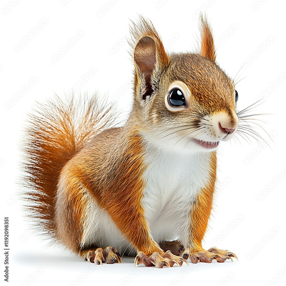 Obraz premium Cute red squirrel posing, white background, nature wildlife