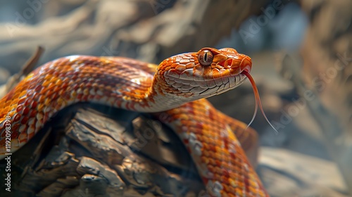 A corn snake is shown climbing a detailed structure during its out-of-cage time, with the vet observing closely against a macro detailed background.