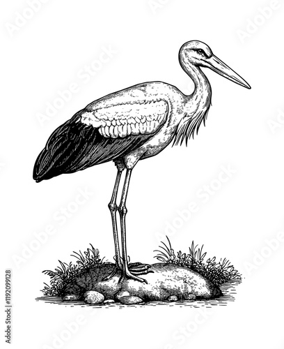 stork bird engraving black and white outline