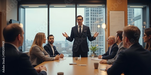 Confident leader presents to attentive colleagues in a modern office.  Strategic discussion unfolds, shaping the future.