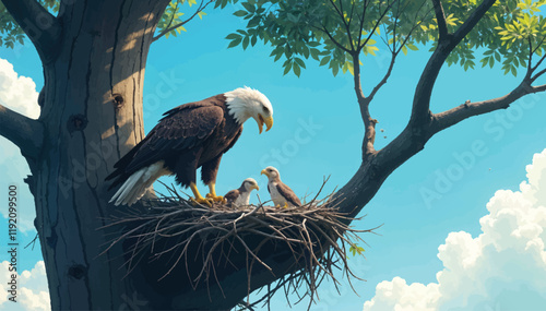 Vector image of an eagle feeding its chicks in a nest.