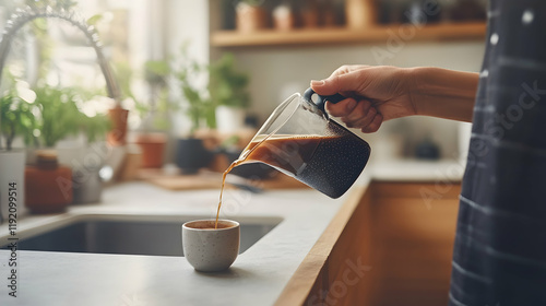 Hand pouring freshly brewed coffee into a small cup in a cozy kitchen filled with plants and natural light during a relaxing morning routine photo