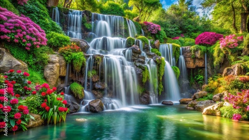 Serene Waterfall and Blooming Garden Cascading Water, Lush Greenery, Vibrant Flowers