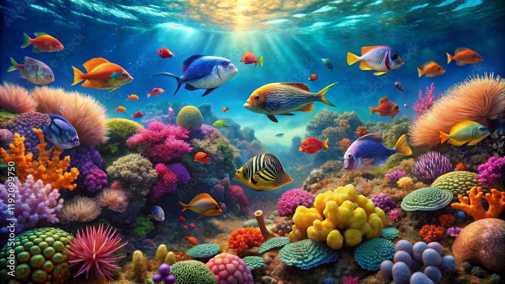 Naklejka premium Vibrant Reef Digital Painting of Colorful Fish and Coral