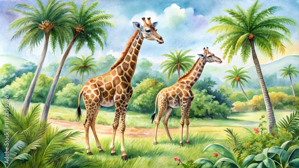 Fototapeta premium Watercolor Giraffes in Tropical Paradise Two Giraffes Amidst Lush Palm Trees and Vibrant Foliage