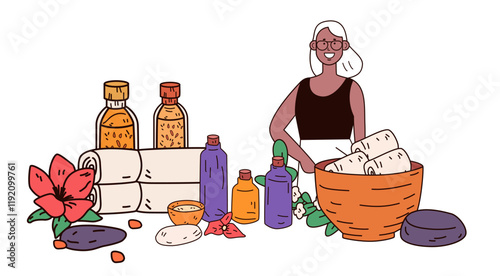 Spa scene with woman and products relaxation theme with oils towels flowers and stones colorful design elements for wellness and self-care