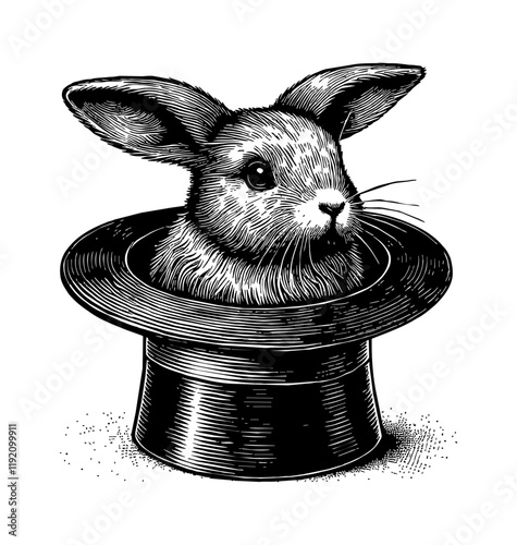 rabbit inside top hat for magic engraving black and white outline