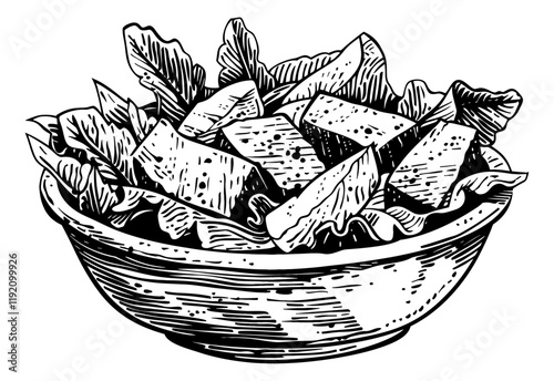 caesar salad with chicken engraving black and white outline