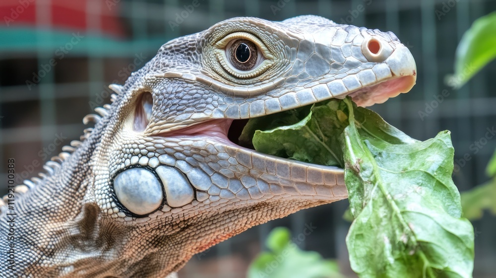 Fototapeta premium Close-up of an iguana eating green leaves in a zoo with a blurred background