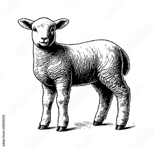 little lamb engraving black and white outline