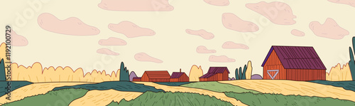 Farm landscape with barns and fields under a cloudy sky featuring green and yellow crops rustic scenery digital art
