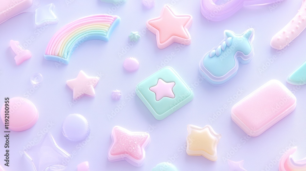 Pastel Green Kawaii Flyer Banner Background with Handmade Cartoon Animals, Unicorns, Stars, Rainbows, and Candycore Fairycore Elements. Pastel Green Kawaii Flyer Banner Background with Handmade Cartoon Animals, Unicorns, Stars, Rainbows, and Candycore Fairycore Elements.