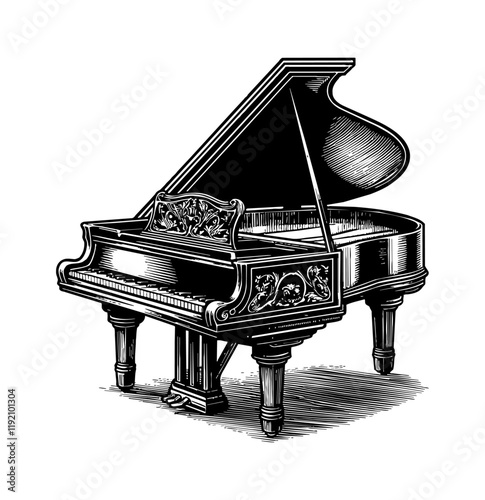 piano engraving black and white outline