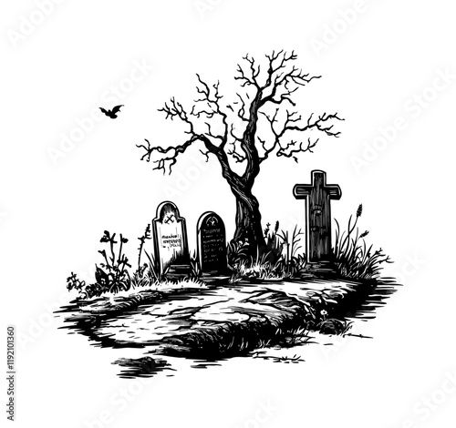 graveyard engraving black and white outline