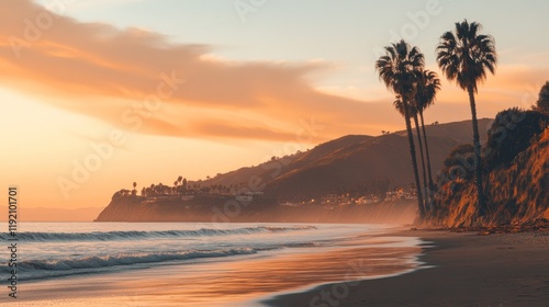 Golden hour at the beach with waves rolling onto the sand and palm trees silhouetted against the sunset