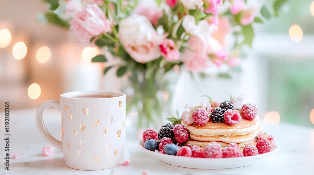 Pancakes with berries and a cup of tea, next to a bouquet of pink flowers. Pancakes with berries and a cup of tea, next to a bouquet of pink flowers.