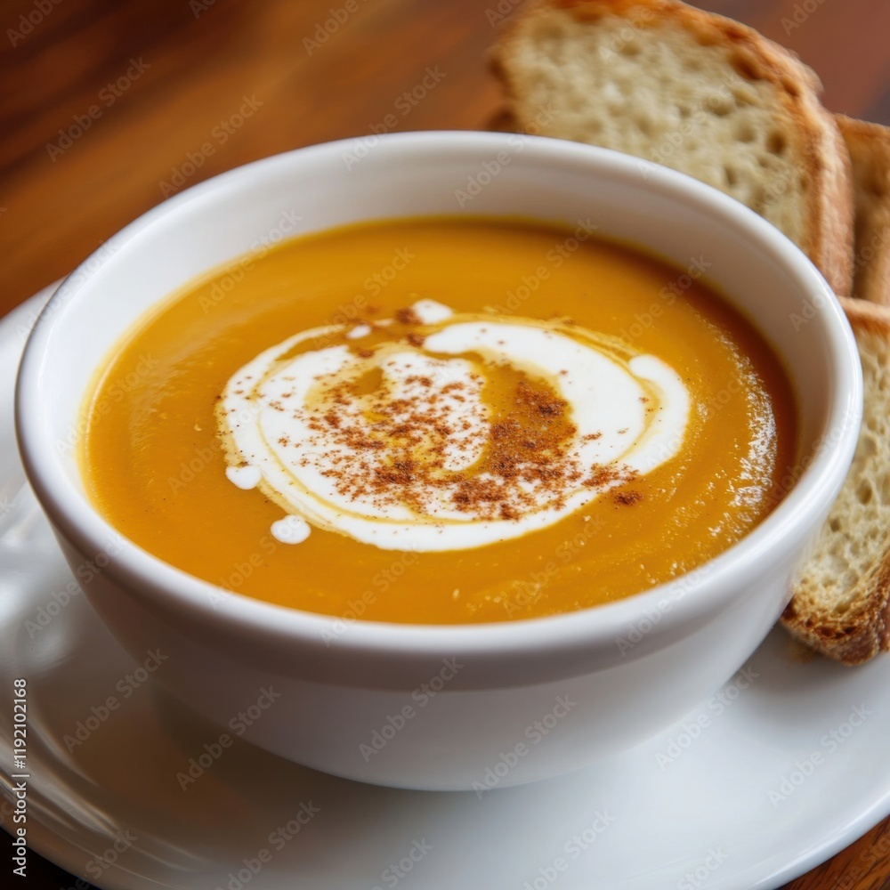 A rich and creamy butternut squash soup with a smooth texture and a swirl of cream, served in a white bowl, Soup centered A rich and creamy butternut squash soup with a smooth texture and a swirl of cream, served in a white bowl, Soup centered