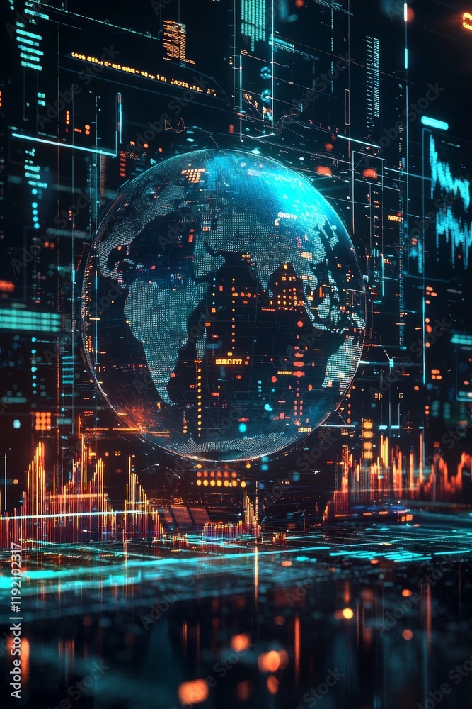 A digital globe with global financial data and graphs, surrounded by glowing holographic charts representing the world's international markets. A digital globe with global financial data and graphs, surrounded by glowing holographic charts representing the world's international markets.