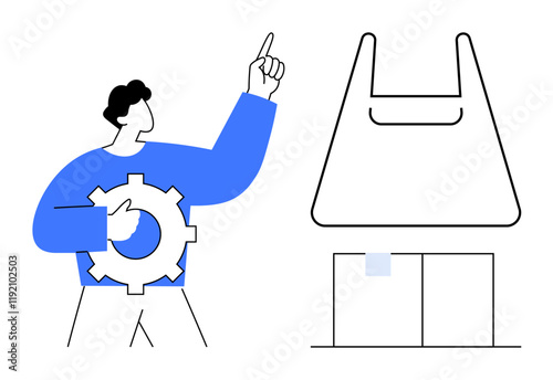 Person with blue sleeve holding a gear points up, next to a large shopping bag outline above two sections. Ideal for business planning, workflow, shopping, online retail, logistics, management