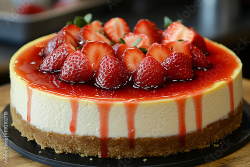 A whole round New York-style cheesecake with a smooth, creamy filling and a graham cracker crust, topped with fresh strawberries and a drizzle of strawberry syrup.