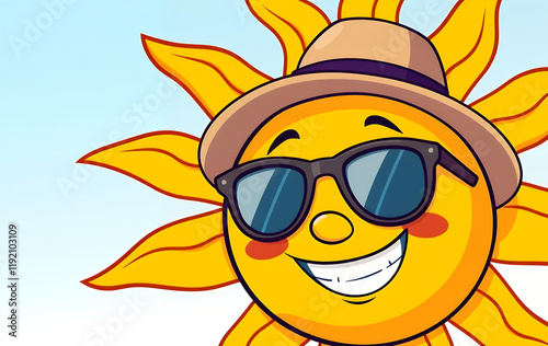 Smiling Sun with Sunglasses and Hat, Perfect for Summer Stock Photos
