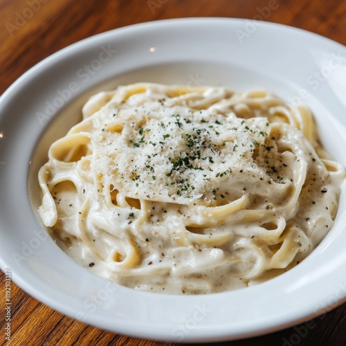 A rich and creamy fettuccine Alfredo with a sprinkle of parmesan cheese, served in a white bowl, Pasta centered
