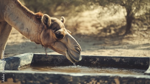 Camel quenches its thirst at a water trough in the arid desert landscape