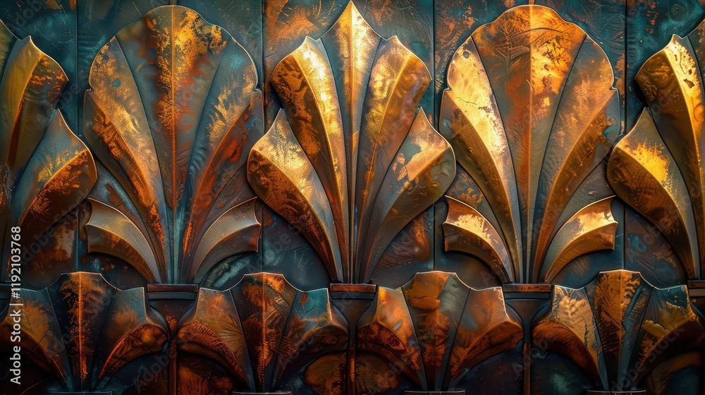 Intricate metalwork featuring ornate, leaf-like patterns with a patina finish. Intricate metalwork featuring ornate, leaf-like patterns with a patina finish.