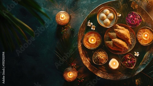 Festive Indian sweets and savories platter, candlelight, dark background.  Perfect for Diwali celebration photo