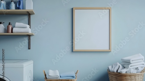 Empty Picture Frame in Functional Laundry Room with Organized Shelves and Folded Clothes