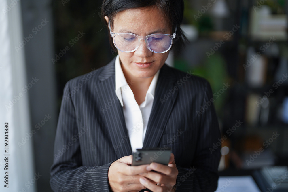 Asian businesswoman in suit standing using smartphone checking email Asian businesswoman in suit standing using smartphone checking email