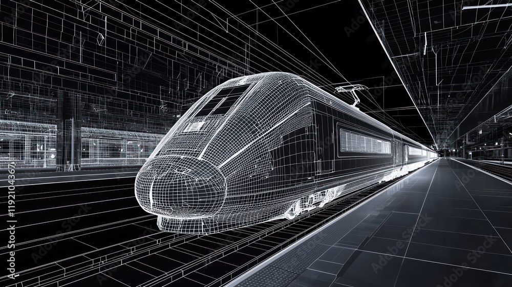Obraz premium Fast transit illustrated by a modern train in an abstract 3D wireframe at a station.