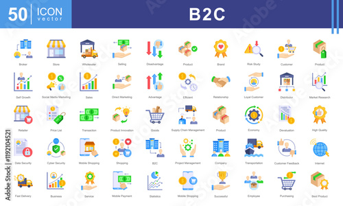 B2C icon collection set. Containing business model, customer, service, selling, product, direct selling, retailer icon.