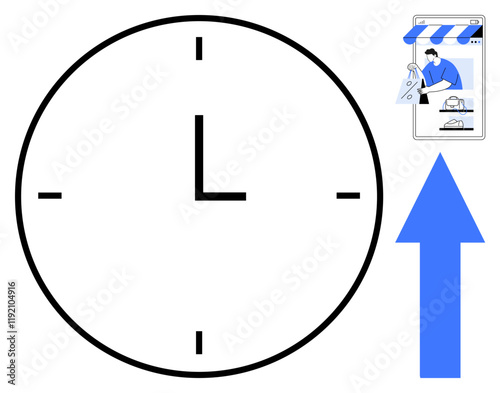 Large clock with minimal markings, blue upward arrow, smartphone screen displaying online shopping. Ideal for e-commerce, time management, delivery services, efficiency, productivity, scheduling